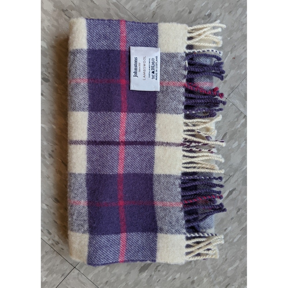 Johnstons of Elgin Lambswool Scarf Made in Scotland Purple Cream Plaid Fringe